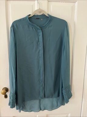 Elie Tahari Teal Long-Sleeve Frayed-Trim Silk Blouse